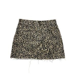 Madewell Leopard Denim Mini Skirt Womens 30 Beige A Line Raw Hem Pockets